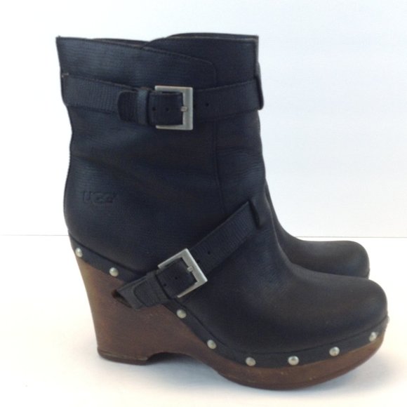 UGG 'Taryn' Black Leather Wooden Wedge Boots. - Picture 1 of 16